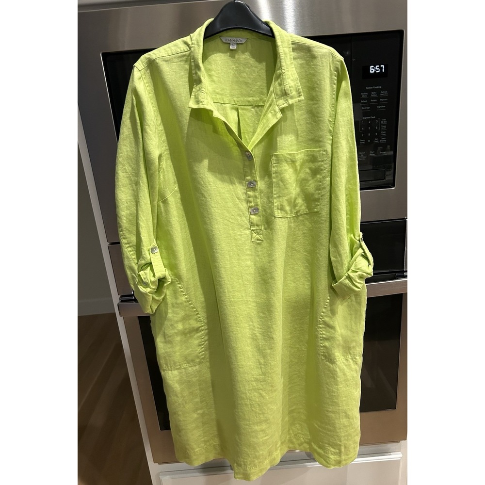 New John Mark Linen Shirt Dress XL Green Roll Tab Sleeve 100% Linen Pockets $119